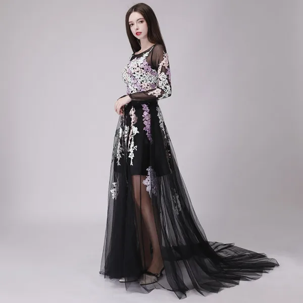 Affordable Black See-through Summer Prom Dresses 2018 A-Line / Princess Appliques Lace Scoop Neck Long Sleeve Court Train Ruffle Formal Dresses