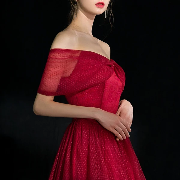 High Low Burgundy Homecoming Graduation Dresses 2019 A-Line / Princess Off-The-Shoulder Short Sleeve Spotted Tulle Asymmetrical Ruffle Backless Formal Dresses