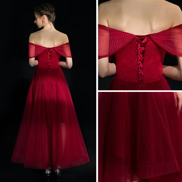 High Low Burgundy Homecoming Graduation Dresses 2019 A-Line / Princess Off-The-Shoulder Short Sleeve Spotted Tulle Asymmetrical Ruffle Backless Formal Dresses
