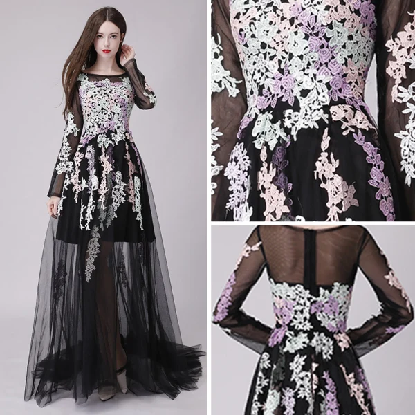 Affordable Black See-through Summer Prom Dresses 2018 A-Line / Princess Appliques Lace Scoop Neck Long Sleeve Court Train Ruffle Formal Dresses