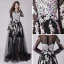 Affordable Black See-through Summer Prom Dresses 2018 A-Line / Princess Appliques Lace Scoop Neck Long Sleeve Court Train Ruffle Formal Dresses