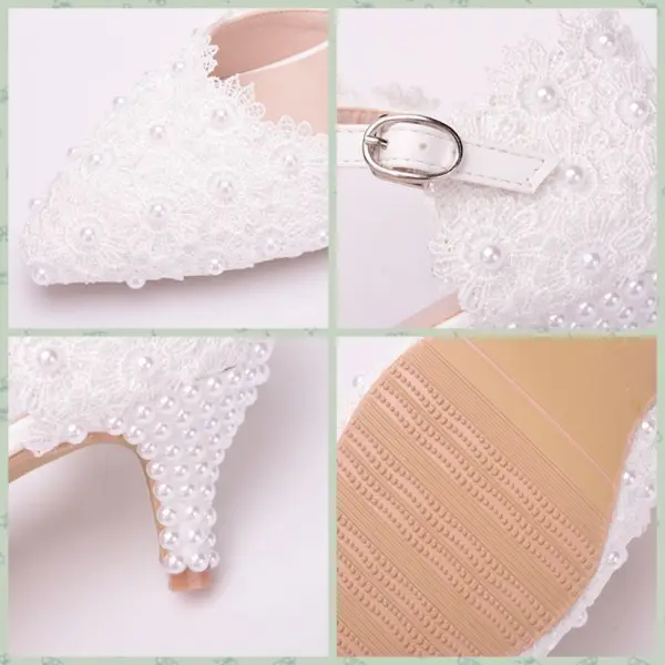 Chic / Belle Blanche En Dentelle Fleur Chaussures Femmes 2022 Promo Perle 5 cm Talons Aiguilles À Bout Pointu Chaussures Femmes Talons Hauts