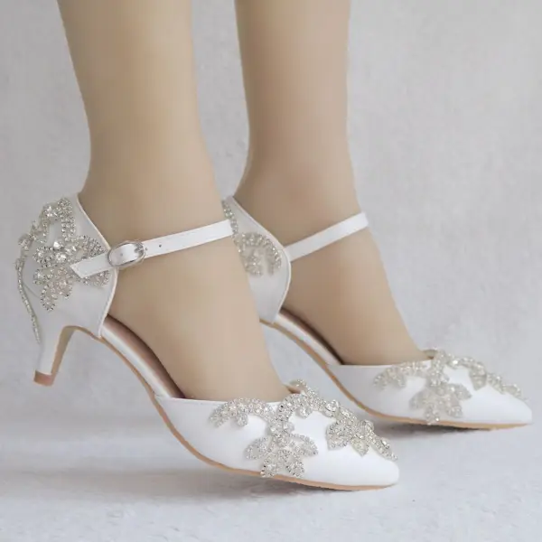 Piękne Białe Rhinestone Buty Ślubne 2025 5 cm Szpilki Szpiczaste Ślub Sandały Wysokie Obcasy