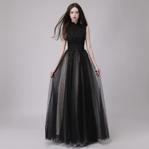 Style Chinois Noire Robe De Bal 2018 Princesse Col Haut Sans Manches Appliques En Dentelle Perlage Paillettes Longue Volants Robe De Ceremonie