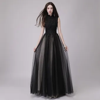 Style Chinois Noire Robe De Bal 2018 Princesse Col Haut Sans Manches Appliques En Dentelle Perlage Paillettes Longue Volants Robe De Ceremonie