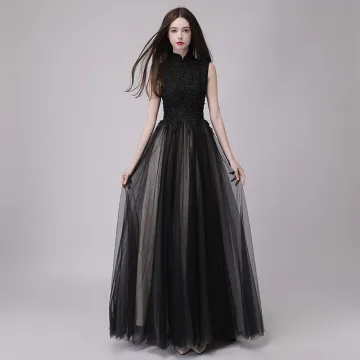 Chinese Style Black Prom Dresses 2018 A Line Princess High Neck Sleeveless Appliques Lace Beading Sequins Floor Length Long Ruffle Formal Dresses
