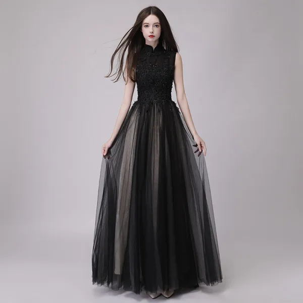 Chinese style Black Prom Dresses 2018 A-Line / Princess High Neck Sleeveless Appliques Lace Beading Sequins Floor-Length / Long Ruffle Formal Dresses
