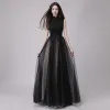 Chinese style Black Prom Dresses 2018 A-Line / Princess High Neck Sleeveless Appliques Lace Beading Sequins Floor-Length / Long Ruffle Formal Dresses