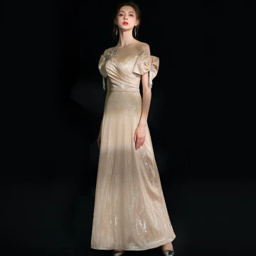 Bling Bling Champagne Robe De Soirée 2019 Princesse Encolure Dégagée Noeud Manches Courtes Perlage Gland Faux Diamant Ceinture Longue Volants Dos Nu Glitter Robe De Ceremonie