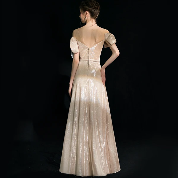 Bling Bling Champagne Robe De Soirée 2019 Princesse Encolure Dégagée Noeud Manches Courtes Perlage Gland Faux Diamant Ceinture Longue Volants Dos Nu Glitter Robe De Ceremonie