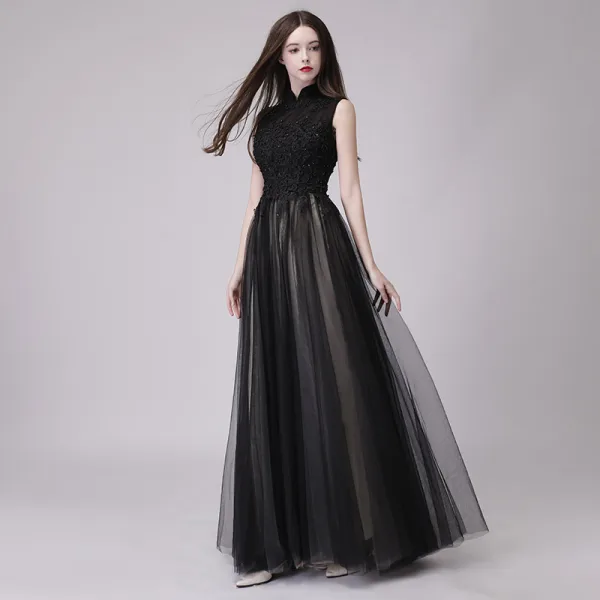 Chinese style Black Prom Dresses 2018 A-Line / Princess High Neck Sleeveless Appliques Lace Beading Sequins Floor-Length / Long Ruffle Formal Dresses