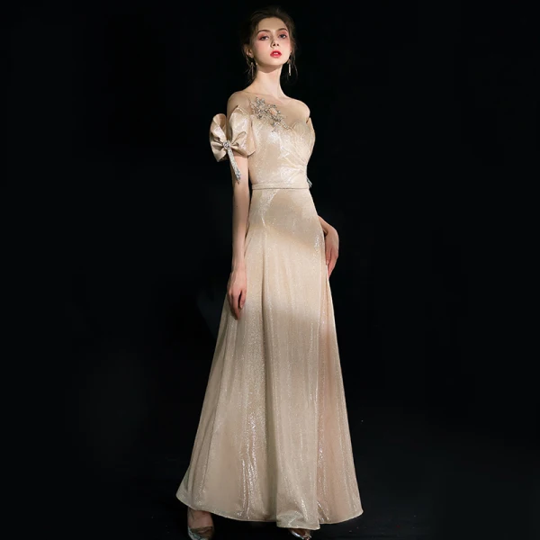 Bling Bling Champagne Robe De Soirée 2019 Princesse Encolure Dégagée Noeud Manches Courtes Perlage Gland Faux Diamant Ceinture Longue Volants Dos Nu Glitter Robe De Ceremonie