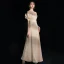 Bling Bling Champagne Robe De Soirée 2019 Princesse Encolure Dégagée Noeud Manches Courtes Perlage Gland Faux Diamant Ceinture Longue Volants Dos Nu Glitter Robe De Ceremonie