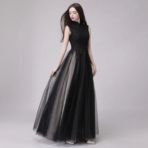 Chinese style Black Prom Dresses 2018 A-Line / Princess High Neck Sleeveless Appliques Lace Beading Sequins Floor-Length / Long Ruffle Formal Dresses