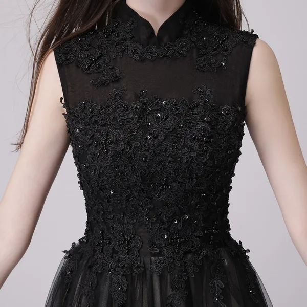 Chinese style Black Prom Dresses 2018 A-Line / Princess High Neck Sleeveless Appliques Lace Beading Sequins Floor-Length / Long Ruffle Formal Dresses
