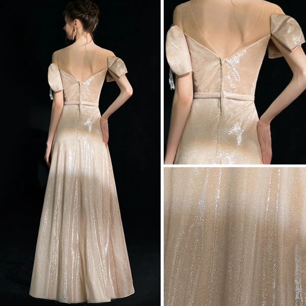 Bling Bling Champagne Robe De Soirée 2019 Princesse Encolure Dégagée Noeud Manches Courtes Perlage Gland Faux Diamant Ceinture Longue Volants Dos Nu Glitter Robe De Ceremonie