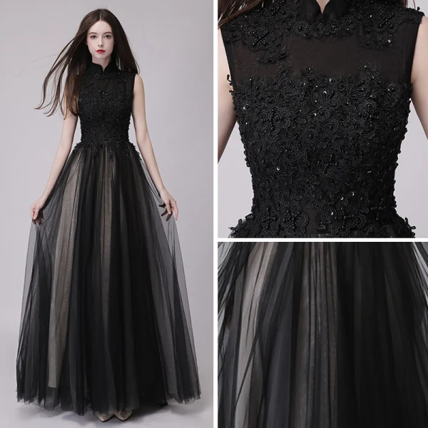 Chinese style Black Prom Dresses 2018 A-Line / Princess High Neck Sleeveless Appliques Lace Beading Sequins Floor-Length / Long Ruffle Formal Dresses