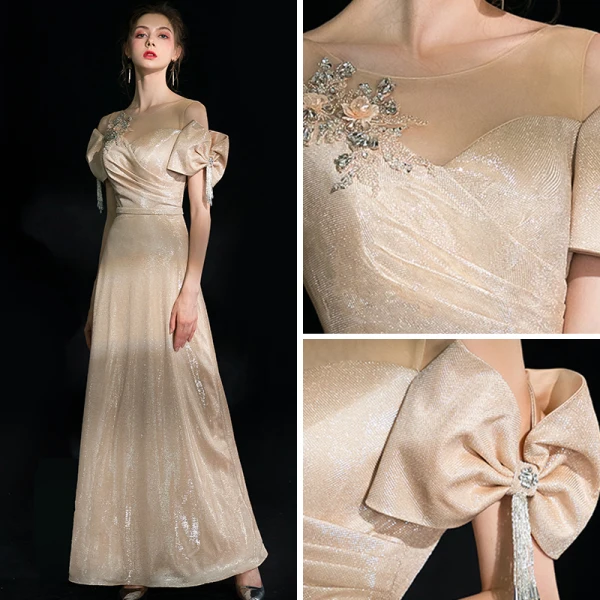 Bling Bling Champagne Robe De Soirée 2019 Princesse Encolure Dégagée Noeud Manches Courtes Perlage Gland Faux Diamant Ceinture Longue Volants Dos Nu Glitter Robe De Ceremonie