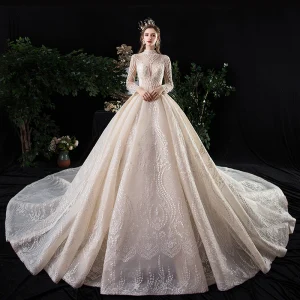 Vintage Originale Champagne Transparentes Robe De Mariée 2020 Robe Boule Col Haut Manches Longues Dos Nu Glitter Tulle Appliques En Dentelle Perlage Royal Train Volants