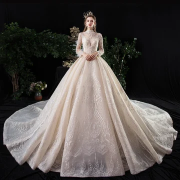 Vintage Retro Champagne See Through Wedding Dresses 2020 Ball Gown High Neck Long Sleeve Backless Glitter Tulle Appliques Lace Beading Royal Train Ruffle