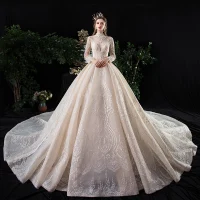 Vintage Champagner Durchsichtige Brautkleider / Hochzeitskleider 2020 Ballkleid Stehkragen Lange Ärmel Rückenfreies Glanz Tülle Applikationen Spitze Perlenstickerei Königliche Schleppe Rüschen