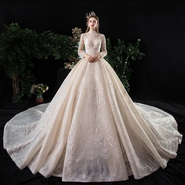 Vintage / Retro Champagne See-through Wedding Dresses 2020 Ball Gown High Neck Long Sleeve Backless Glitter Tulle Appliques Lace Beading Royal Train Ruffle