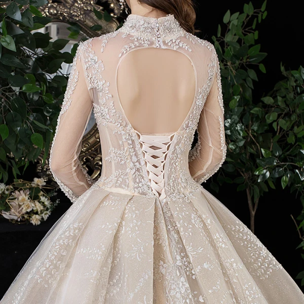 Vintage / Retro Champagne See-through Wedding Dresses 2020 Ball Gown High Neck Long Sleeve Backless Glitter Tulle Appliques Lace Beading Royal Train Ruffle
