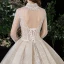 Vintage / Retro Champagne See-through Wedding Dresses 2020 Ball Gown High Neck Long Sleeve Backless Glitter Tulle Appliques Lace Beading Royal Train Ruffle