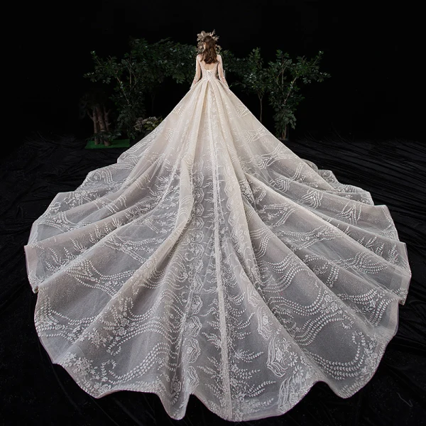 Vintage / Retro Champagne See-through Wedding Dresses 2020 Ball Gown High Neck Long Sleeve Backless Glitter Tulle Appliques Lace Beading Royal Train Ruffle