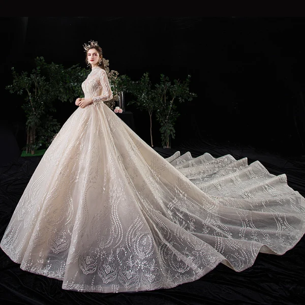 Vintage / Retro Champagne See-through Wedding Dresses 2020 Ball Gown High Neck Long Sleeve Backless Glitter Tulle Appliques Lace Beading Royal Train Ruffle