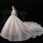 Vintage / Retro Champagne See-through Wedding Dresses 2020 Ball Gown High Neck Long Sleeve Backless Glitter Tulle Appliques Lace Beading Royal Train Ruffle