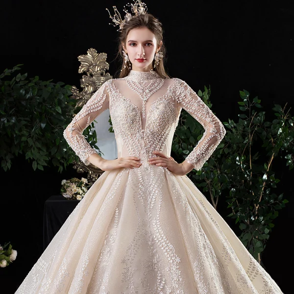 Vintage / Retro Champagne See-through Wedding Dresses 2020 Ball Gown High Neck Long Sleeve Backless Glitter Tulle Appliques Lace Beading Royal Train Ruffle