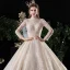 Vintage / Retro Champagne See-through Wedding Dresses 2020 Ball Gown High Neck Long Sleeve Backless Glitter Tulle Appliques Lace Beading Royal Train Ruffle