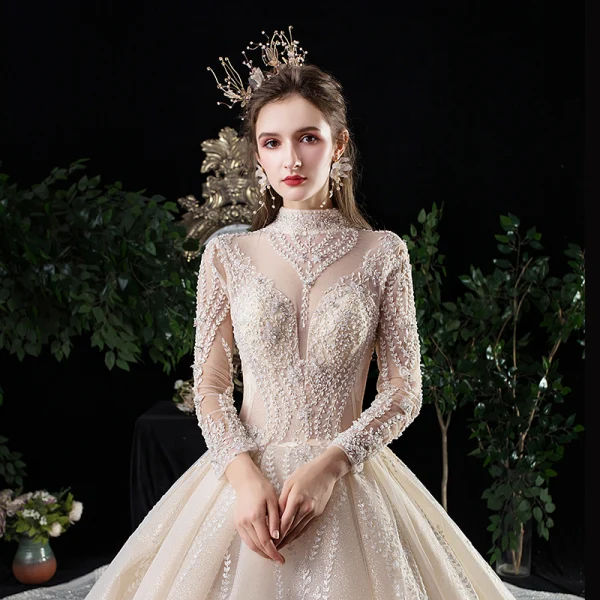 Vintage / Retro Champagne See-through Wedding Dresses 2020 Ball Gown High Neck Long Sleeve Backless Glitter Tulle Appliques Lace Beading Royal Train Ruffle