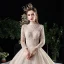 Vintage / Retro Champagne See-through Wedding Dresses 2020 Ball Gown High Neck Long Sleeve Backless Glitter Tulle Appliques Lace Beading Royal Train Ruffle