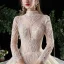 Vintage / Retro Champagne See-through Wedding Dresses 2020 Ball Gown High Neck Long Sleeve Backless Glitter Tulle Appliques Lace Beading Royal Train Ruffle