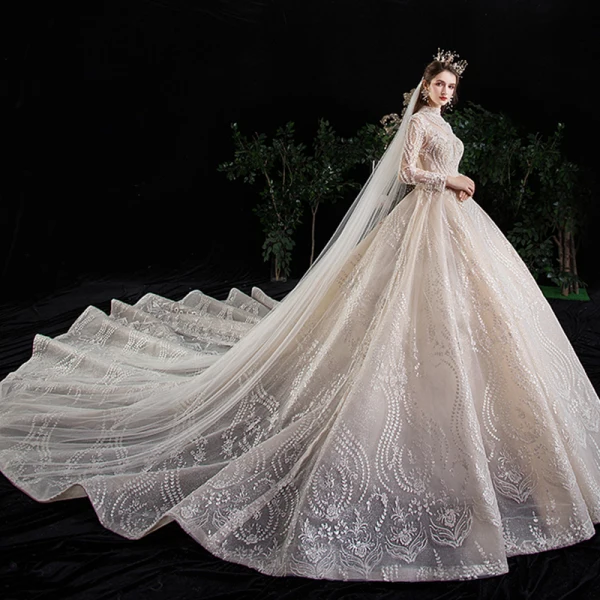 Vintage / Retro Champagne See-through Wedding Dresses 2020 Ball Gown High Neck Long Sleeve Backless Glitter Tulle Appliques Lace Beading Royal Train Ruffle