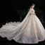 Vintage / Retro Champagne See-through Wedding Dresses 2020 Ball Gown High Neck Long Sleeve Backless Glitter Tulle Appliques Lace Beading Royal Train Ruffle