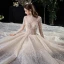 Vintage / Retro Champagne See-through Wedding Dresses 2020 Ball Gown High Neck Long Sleeve Backless Glitter Tulle Appliques Lace Beading Royal Train Ruffle