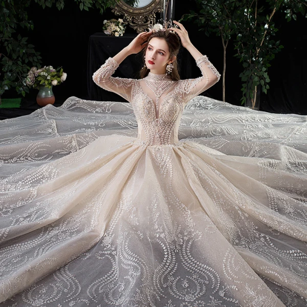 Vintage / Retro Champagne See-through Wedding Dresses 2020 Ball Gown High Neck Long Sleeve Backless Glitter Tulle Appliques Lace Beading Royal Train Ruffle