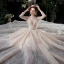 Vintage / Retro Champagne See-through Wedding Dresses 2020 Ball Gown High Neck Long Sleeve Backless Glitter Tulle Appliques Lace Beading Royal Train Ruffle