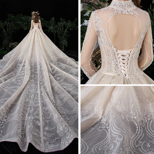 Vintage / Retro Champagne See-through Wedding Dresses 2020 Ball Gown High Neck Long Sleeve Backless Glitter Tulle Appliques Lace Beading Royal Train Ruffle