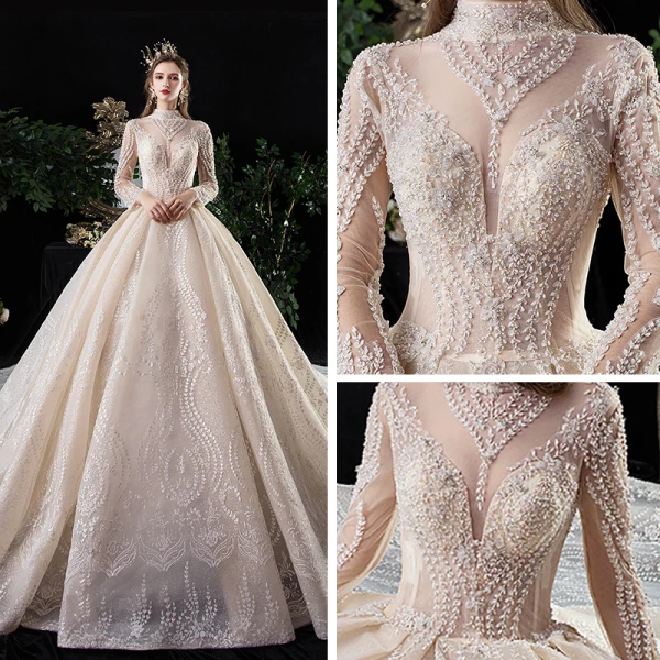 Vintage / Retro Champagne See-through Wedding Dresses 2020 Ball Gown High Neck Long Sleeve Backless Glitter Tulle Appliques Lace Beading Royal Train Ruffle