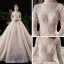 Vintage / Retro Champagne See-through Wedding Dresses 2020 Ball Gown High Neck Long Sleeve Backless Glitter Tulle Appliques Lace Beading Royal Train Ruffle