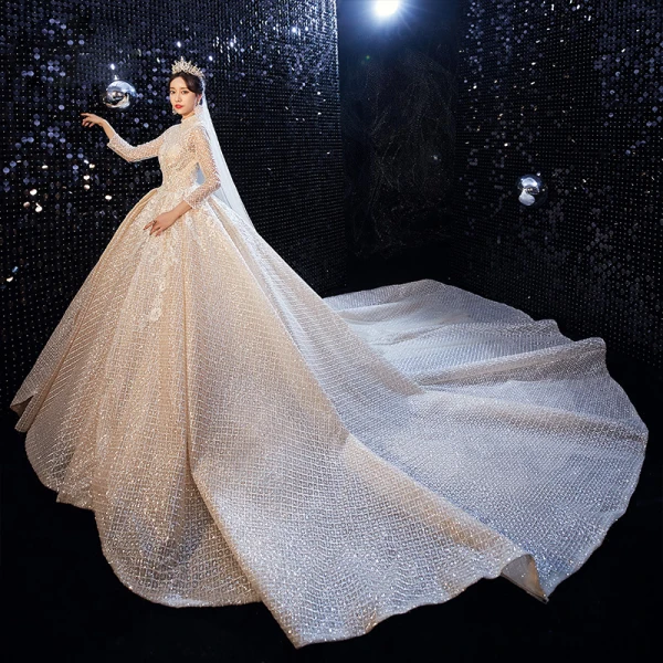 Luxury / Gorgeous Champagne Pierced Wedding Dresses 2020 Ball Gown High Neck 3/4 Sleeve Backless Glitter Tulle Beading Cathedral Train Ruffle