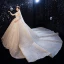 Luxury / Gorgeous Champagne Pierced Wedding Dresses 2020 Ball Gown High Neck 3/4 Sleeve Backless Glitter Tulle Beading Cathedral Train Ruffle