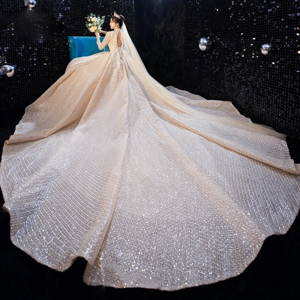 Luxury / Gorgeous Champagne Pierced Wedding Dresses 2020 Ball Gown High Neck 3/4 Sleeve Backless Glitter Tulle Beading Cathedral Train Ruffle
