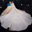 Luxury / Gorgeous Champagne Pierced Wedding Dresses 2020 Ball Gown High Neck 3/4 Sleeve Backless Glitter Tulle Beading Cathedral Train Ruffle