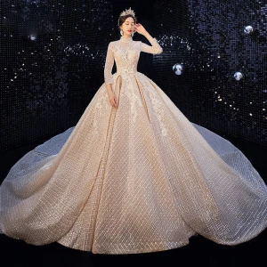 Luxury Gorgeous Champagne Pierced Wedding Dresses 2020 Ball Gown High Neck 3 4 Sleeve Backless Glitter Tulle Beading Cathedral Train Ruffle