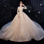 Luxury / Gorgeous Champagne Pierced Wedding Dresses 2020 Ball Gown High Neck 3/4 Sleeve Backless Glitter Tulle Beading Cathedral Train Ruffle